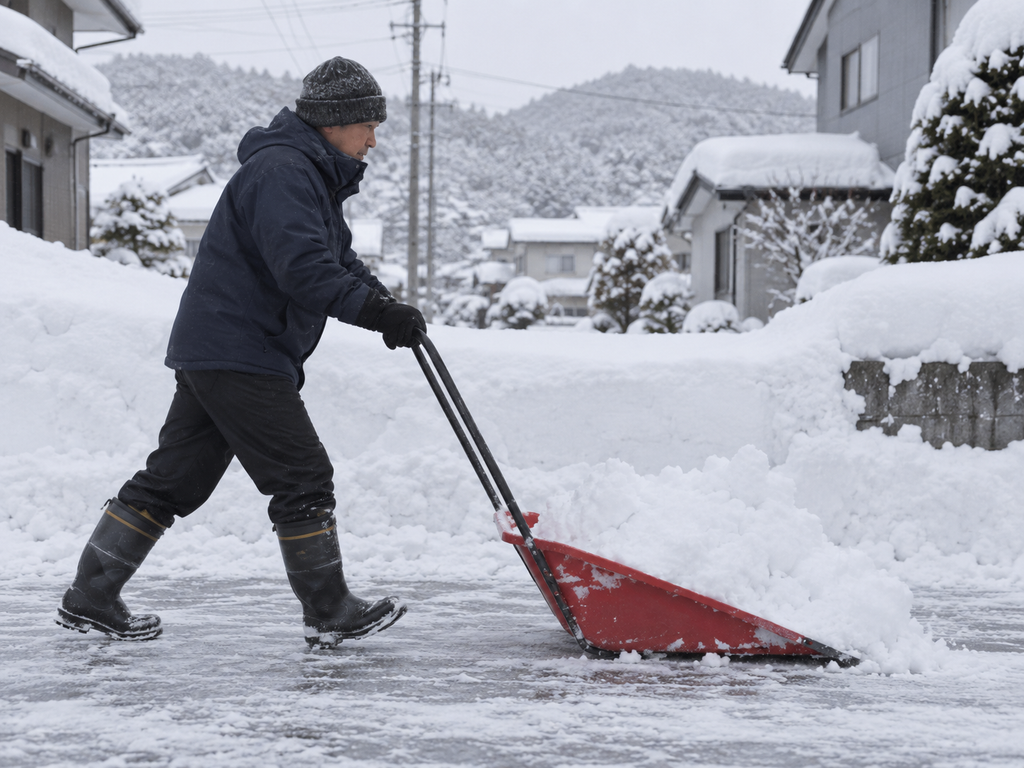 Japanese snow dump being pushed across a snowy driveway