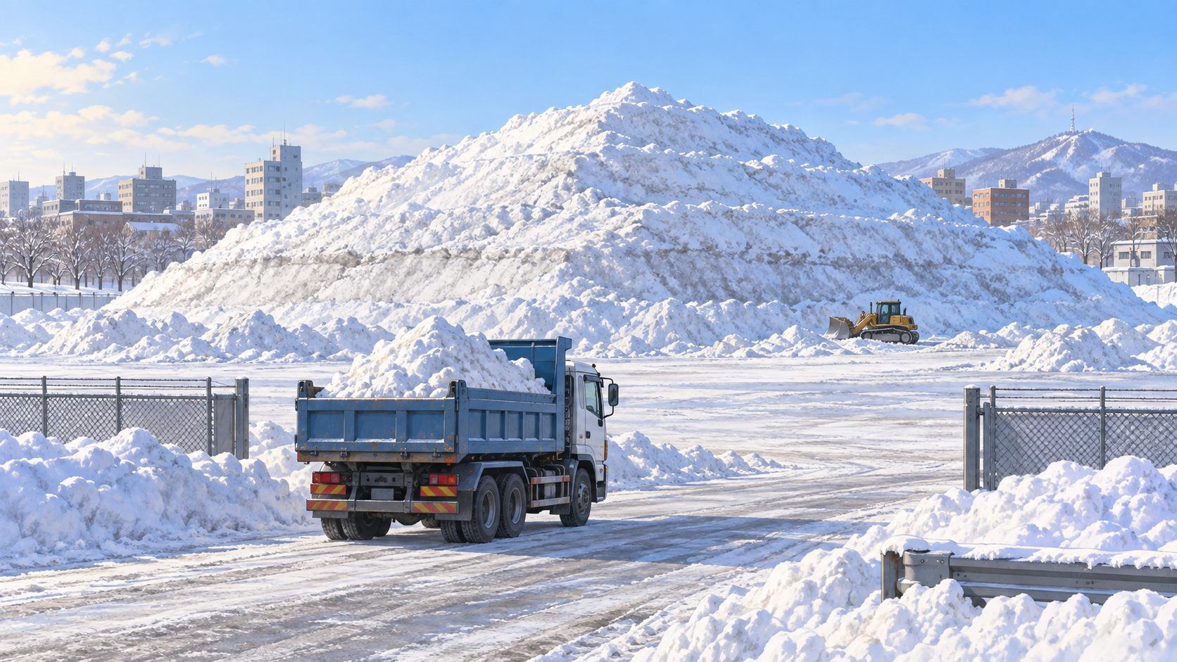 AI-generated illustration of a truck bringing snow to a snow storage site; not an actual location.