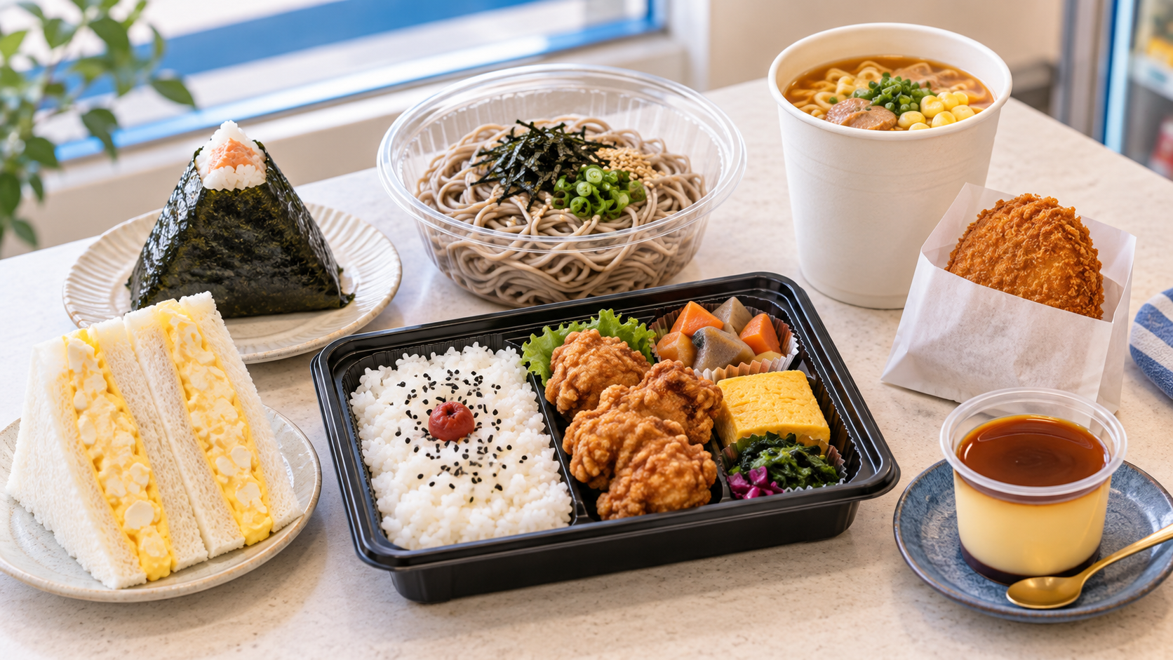 Seven Japanese convenience-store foods including onigiri, bento, egg sandwich, chilled noodles, hot snack, cup noodles, and pudding