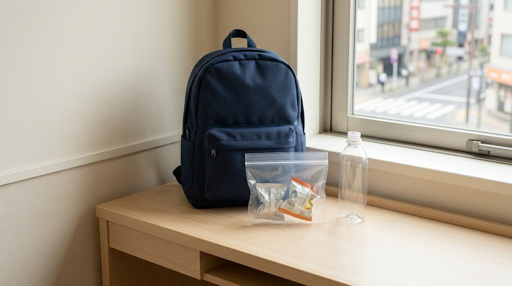 A navy daypack, a sealed pouch of snack wrappers, and a separate empty drink bottle on a desk.