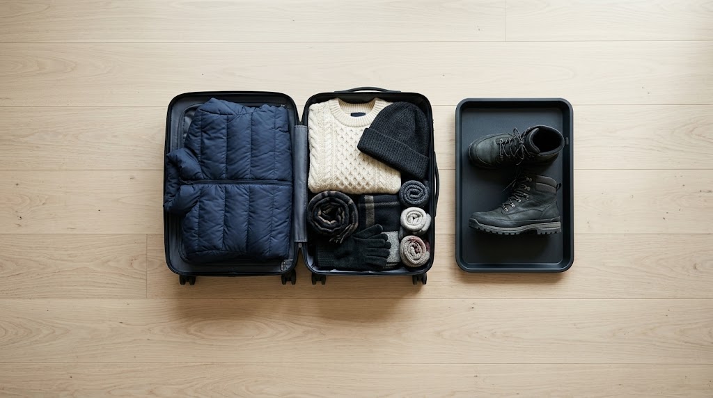 Open suitcase with winter clothing and boots on a tray