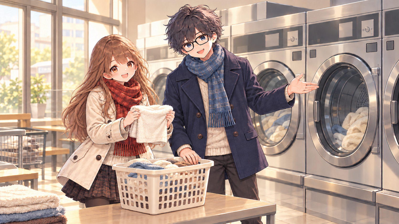 Illustration of Yuki and Sora preparing laundry beside front-loading machines in Japan