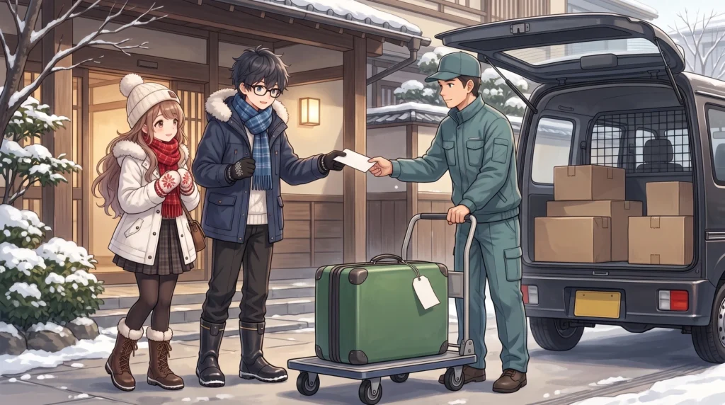 Yuki and Sora handing a shipping paper to a courier beside a suitcase on a delivery trolley and an open van with parcels