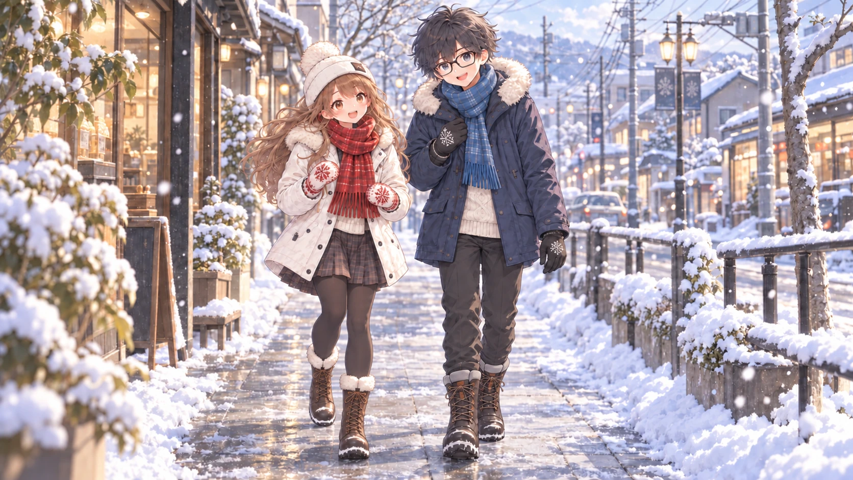 Illustration of Sora and Yuki in winter clothing and boots, walking along a snowy Japanese street.