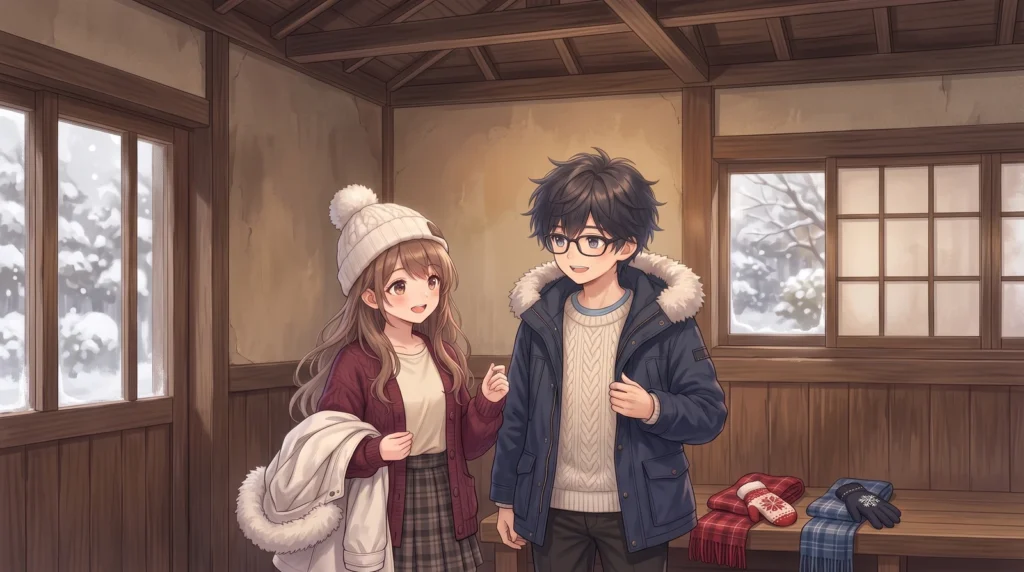 Yuki holding her removed winter coat and Sora opening his coat to show adjustable clothing layers inside a warm café